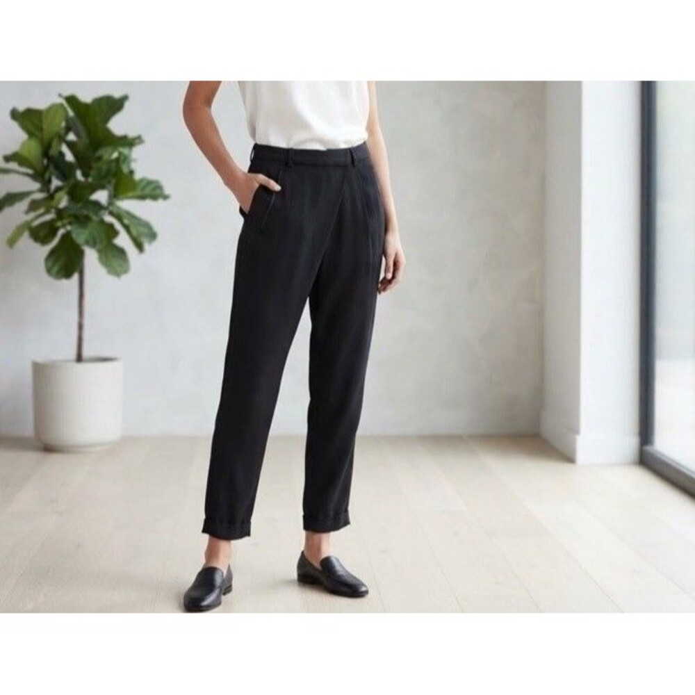 Vince Black Asymmetric Wrap Front Ankle Pants Trousers Womens Sz 2⁠ Leather Trim